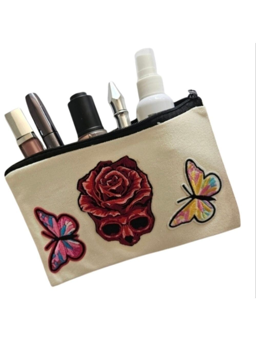 Hand Crafted embroidered bag red skull multicolored butterflies red rose rustic